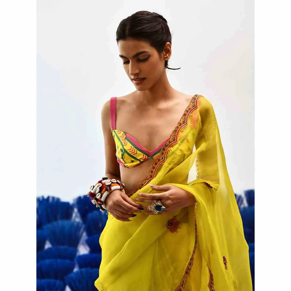 Baise Gaba Chanchal Yellow Organza Saree with Stitched Blouse