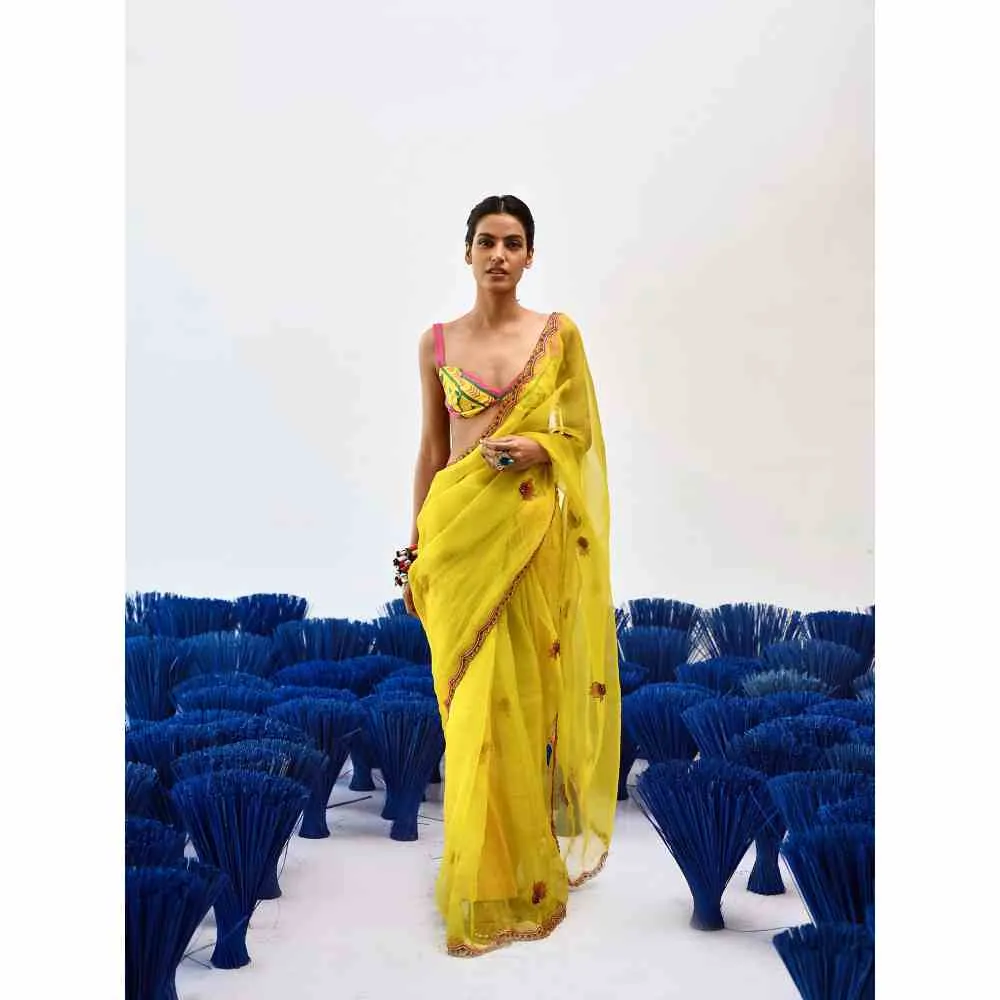 Baise Gaba Chanchal Yellow Organza Saree with Stitched Blouse