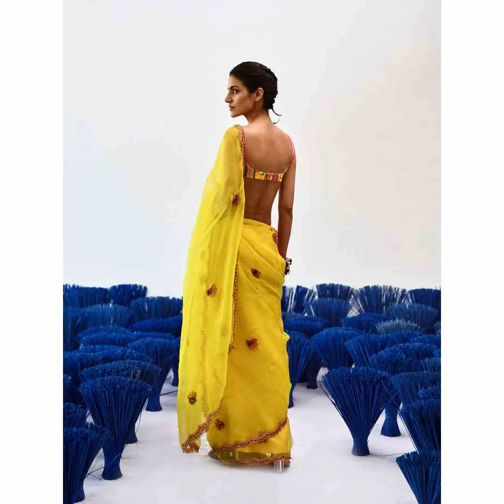 Baise Gaba Chanchal Yellow Organza Saree with Stitched Blouse