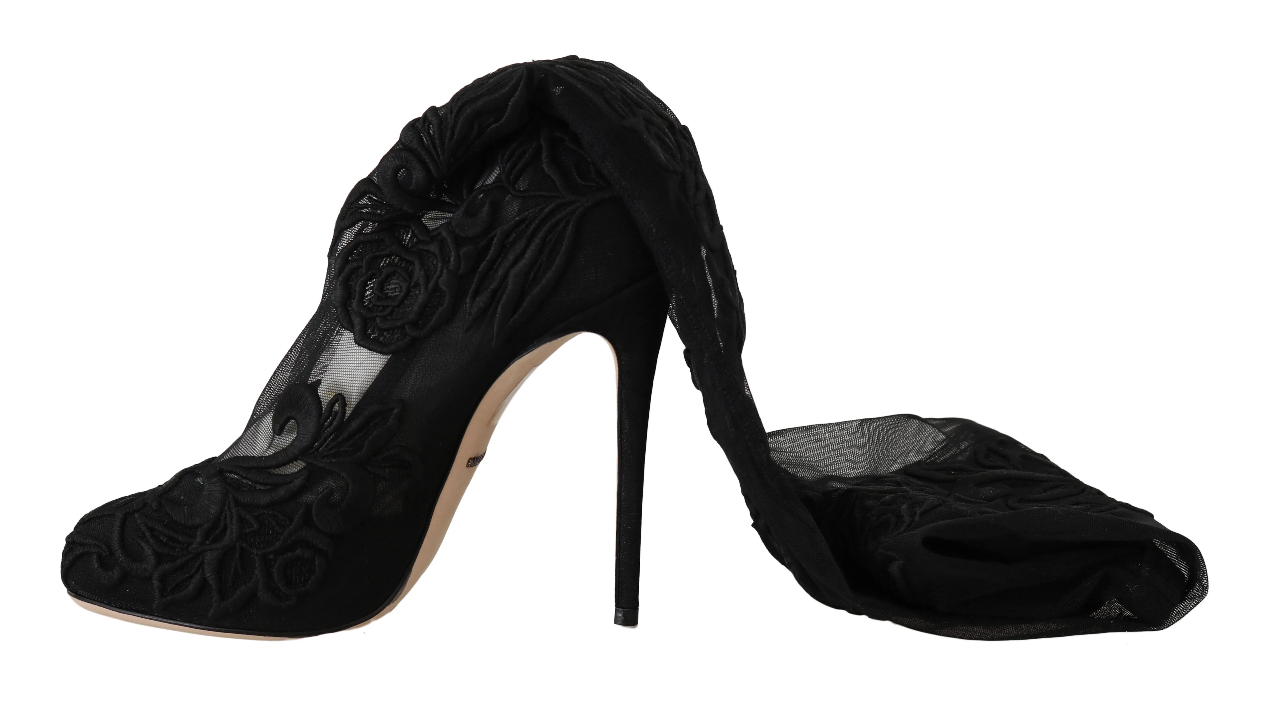 Black Floral Lace Booties Heels