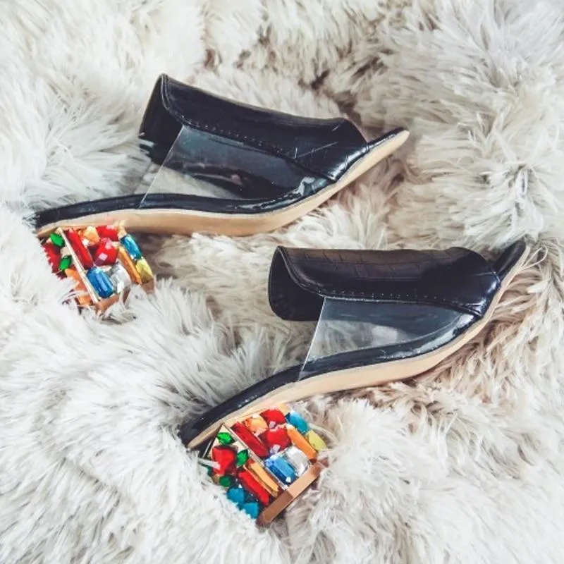 Colorful Rhinestone Crystals Heels Peep Toe Summer Women Shoes