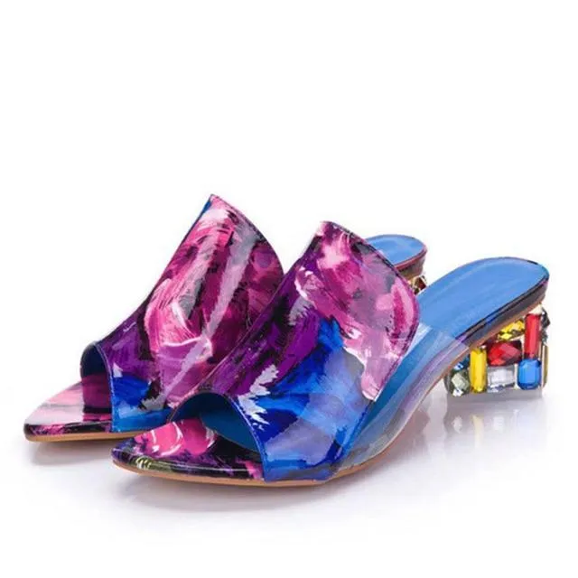 Colorful Rhinestone Crystals Heels Peep Toe Summer Women Shoes