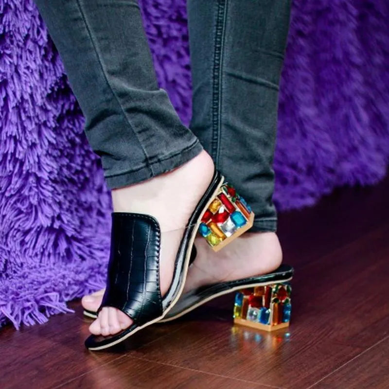 Colorful Rhinestone Crystals Heels Peep Toe Summer Women Shoes