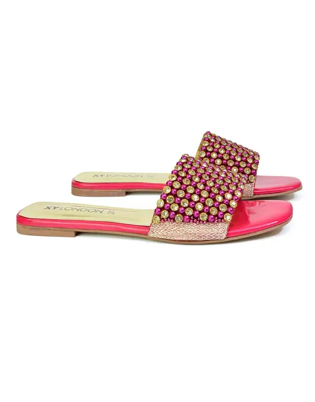 Daisy-Jones Slip On Slider Diamante Flat Sandals With Square Toe in Pink