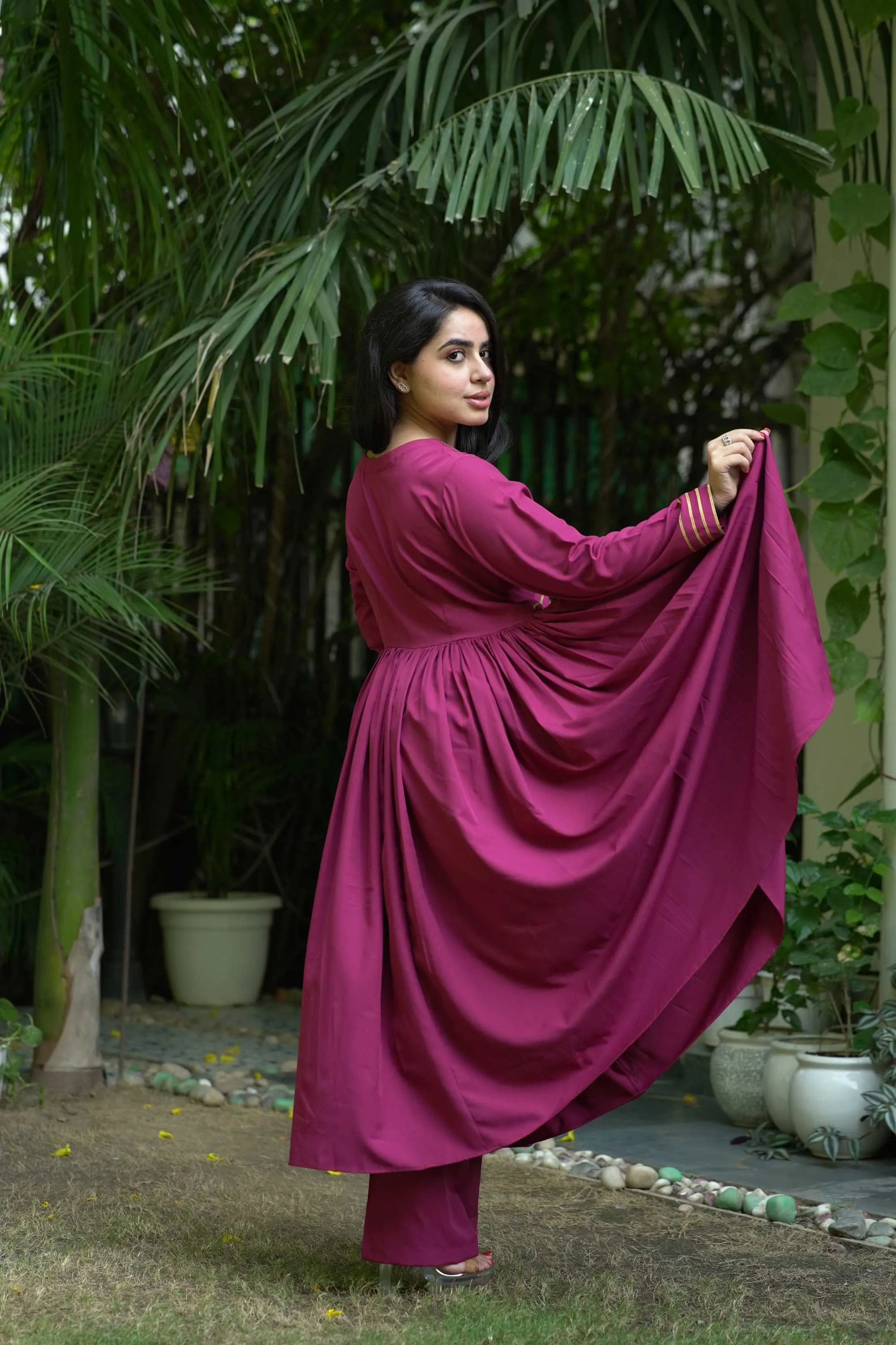 DESIGNER WINE FLARE SUIT SET FOR WOMEN