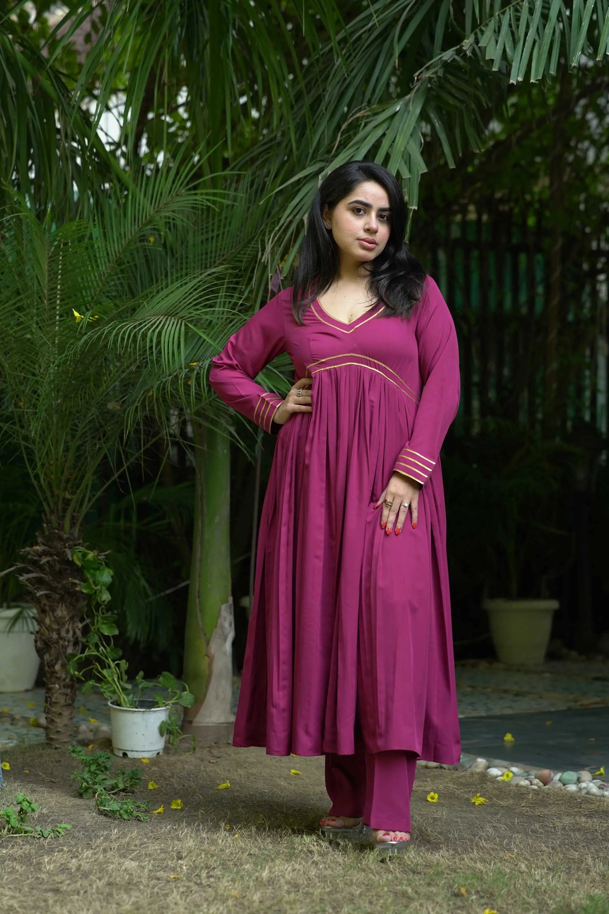DESIGNER WINE FLARE SUIT SET FOR WOMEN