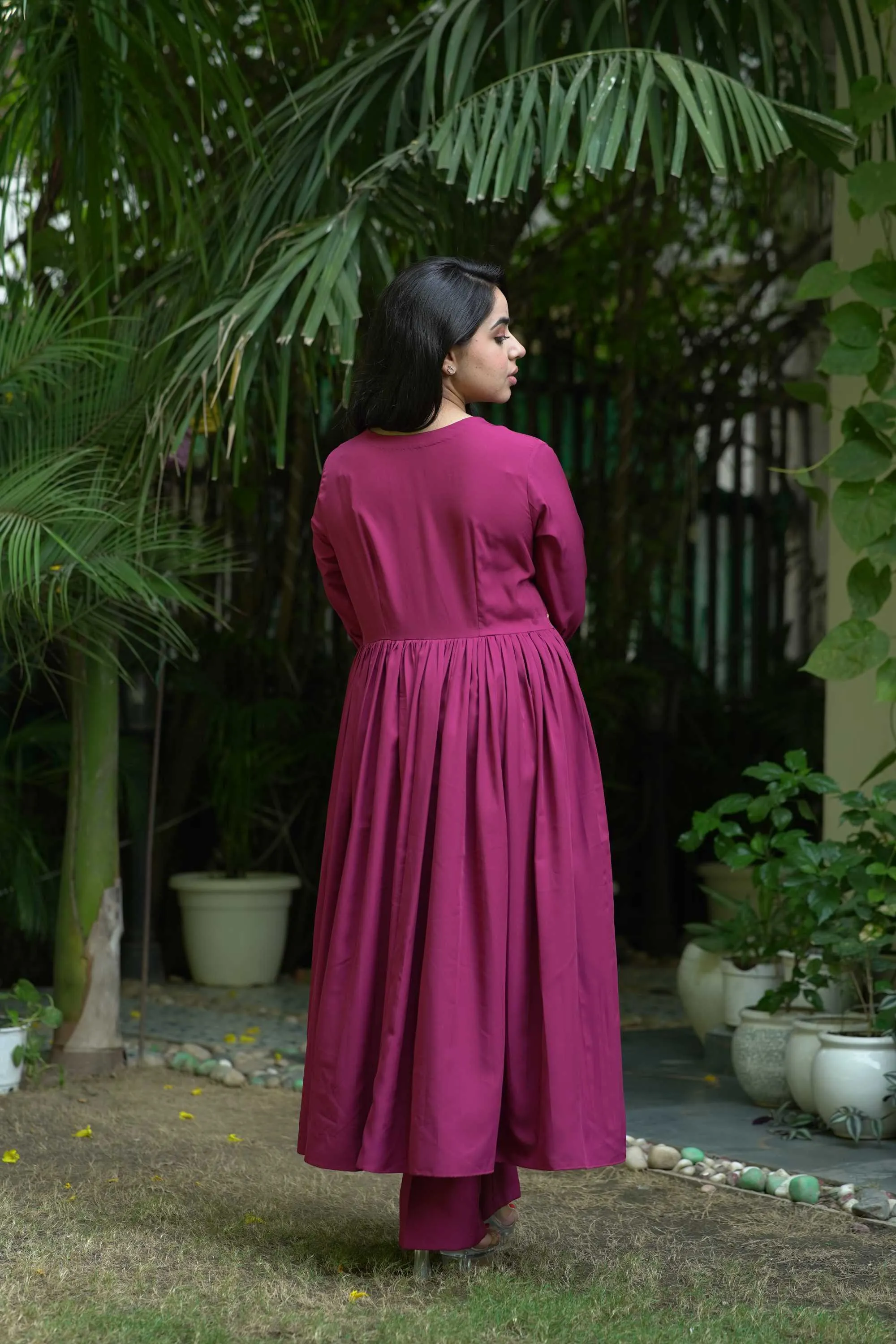 DESIGNER WINE FLARE SUIT SET FOR WOMEN