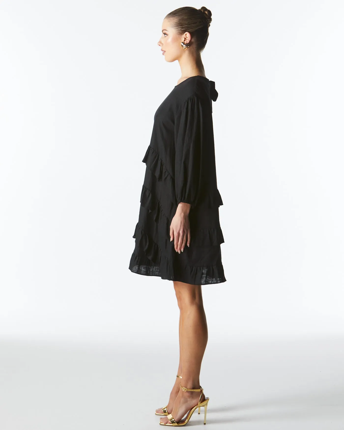 Fate Midsummer Ruffle Long Sleeve Mini Dress Black