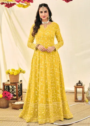 Haldi Yellow Embroidered Georgette Anarkali Suit