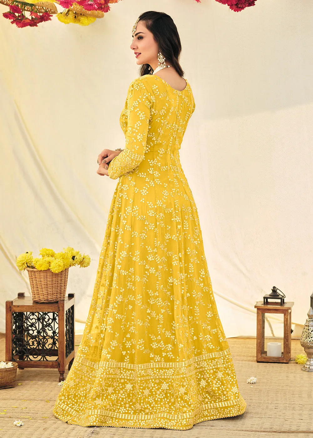 Haldi Yellow Embroidered Georgette Anarkali Suit