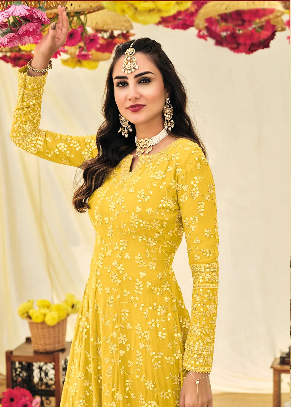 Haldi Yellow Embroidered Georgette Anarkali Suit