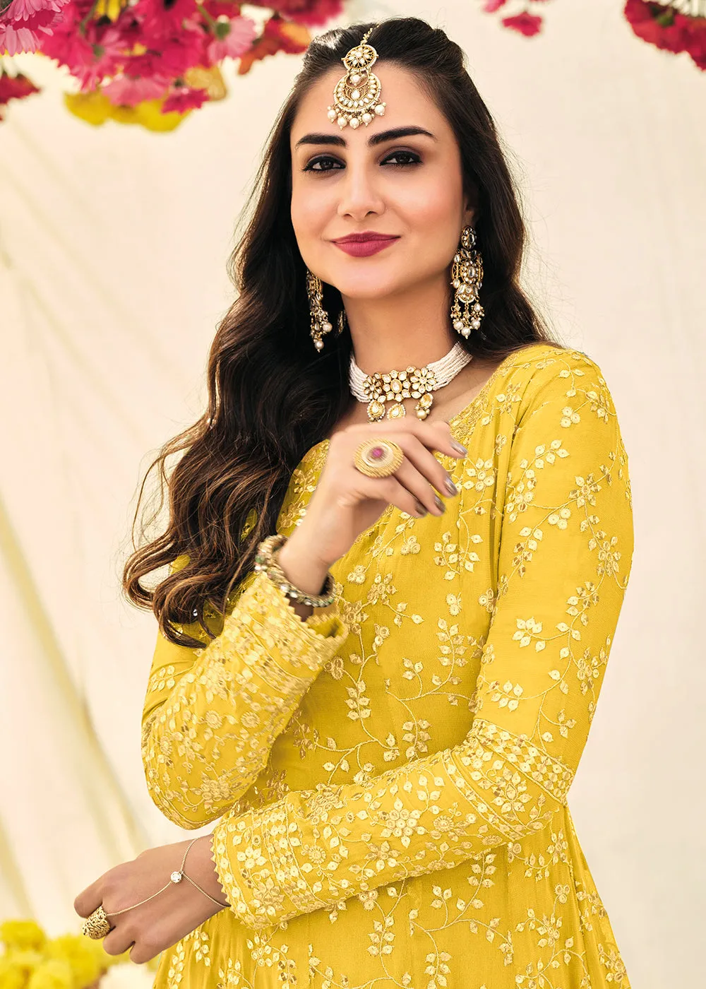 Haldi Yellow Embroidered Georgette Anarkali Suit