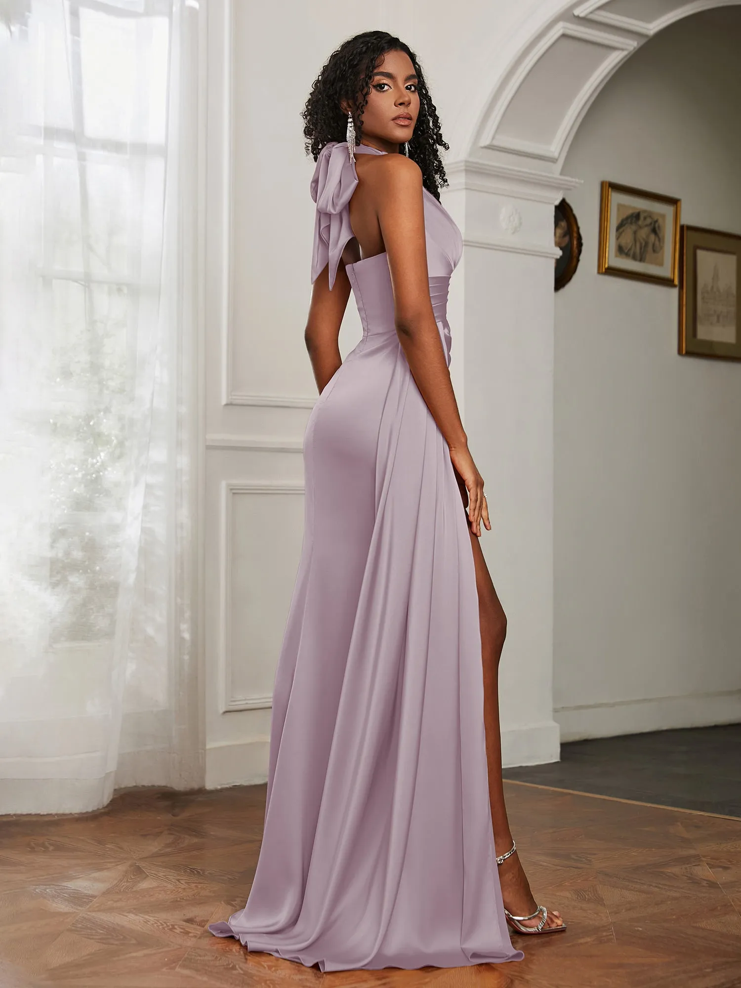 Halter Neckline Sheath Satin Prom Dress Dusk Plus Size