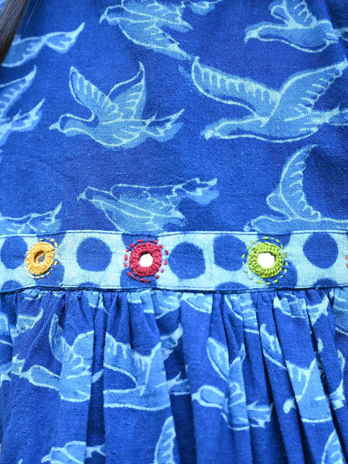 Natural Indigo Printed Girls Flying Birds Frock