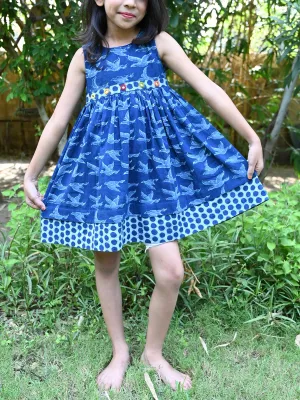 Natural Indigo Printed Girls Flying Birds Frock