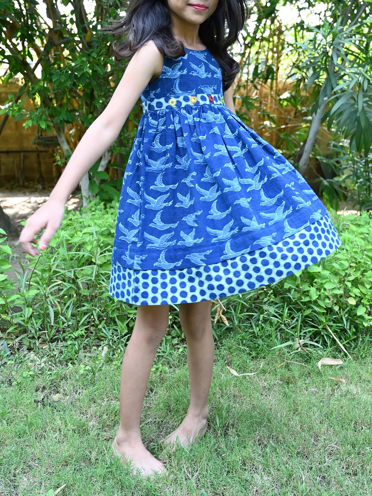 Natural Indigo Printed Girls Flying Birds Frock