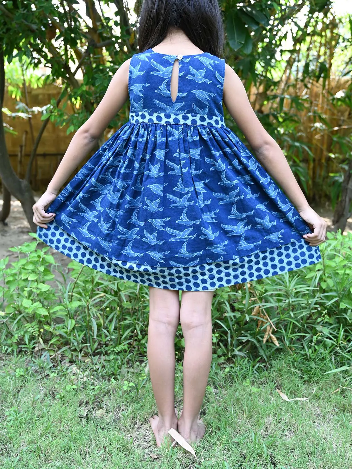 Natural Indigo Printed Girls Flying Birds Frock