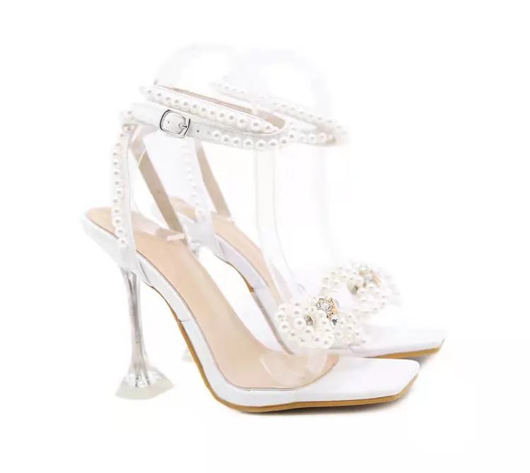 Pearl Diamond Bow Clear Stiletto Heels