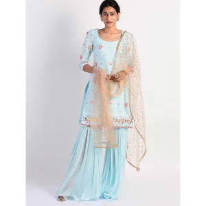 Rishi & Vibhuti Blue Embellished Kurta And Gharara With Dupatta (Set of 3)