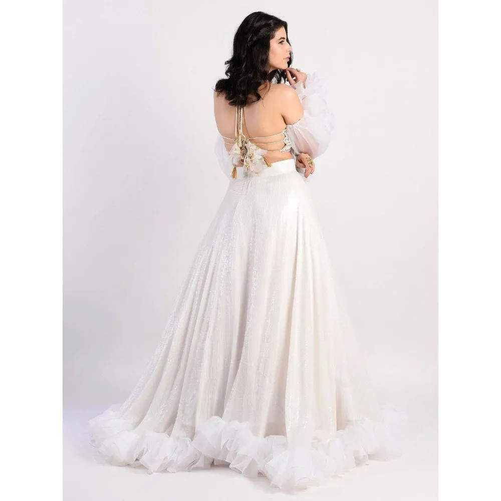 Rishi & Vibhuti White Embellished Blouse And Lehenga With Detachable Sleeves (Set of 3)