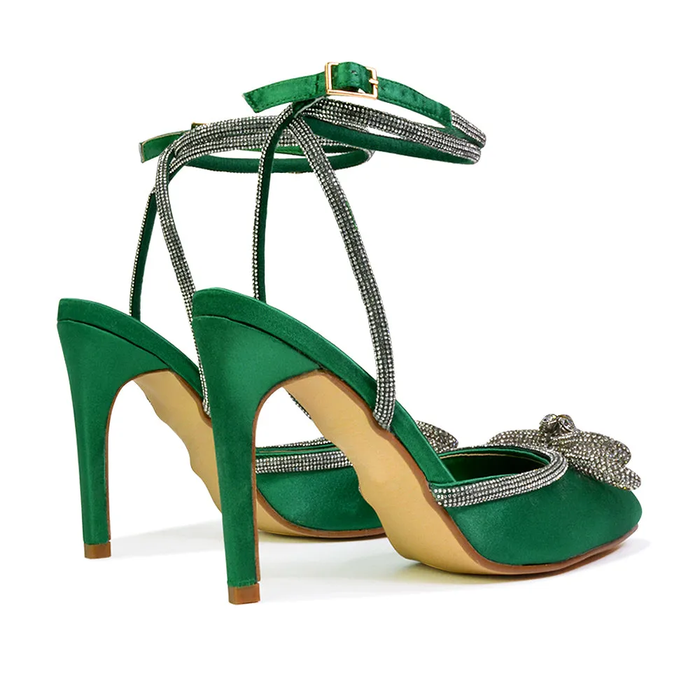 Saxon Strappy Stiletto High Heel Court Shoes With Diamante Bow in Black