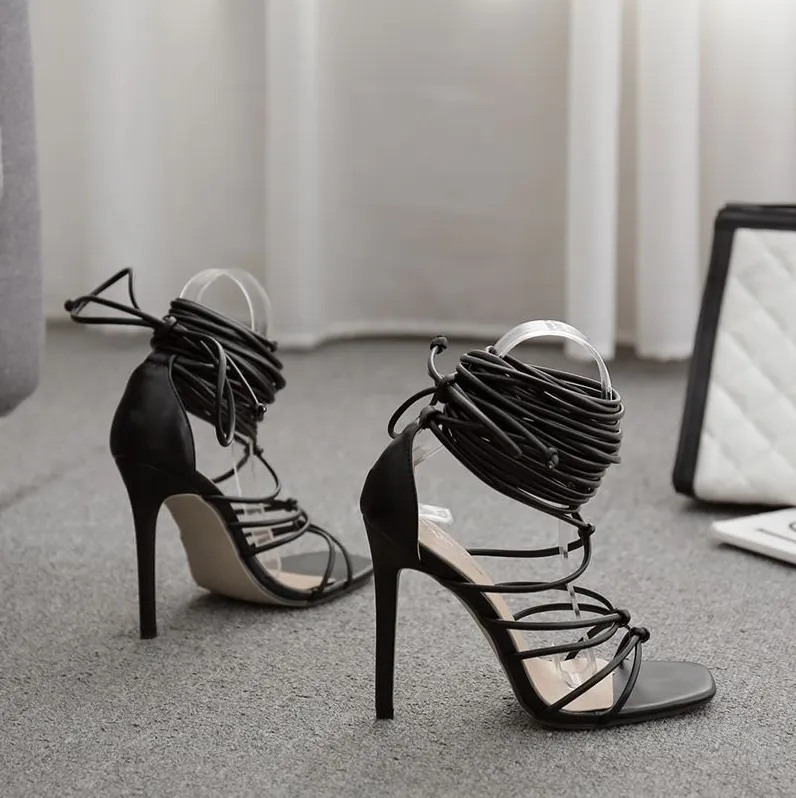 Sexy Stilettoes Ankle Lace Strap Up Heels Square Toe