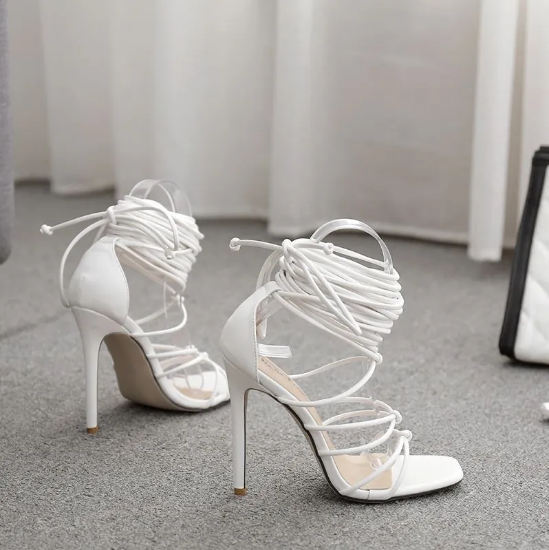 Sexy Stilettoes Ankle Lace Strap Up Heels Square Toe