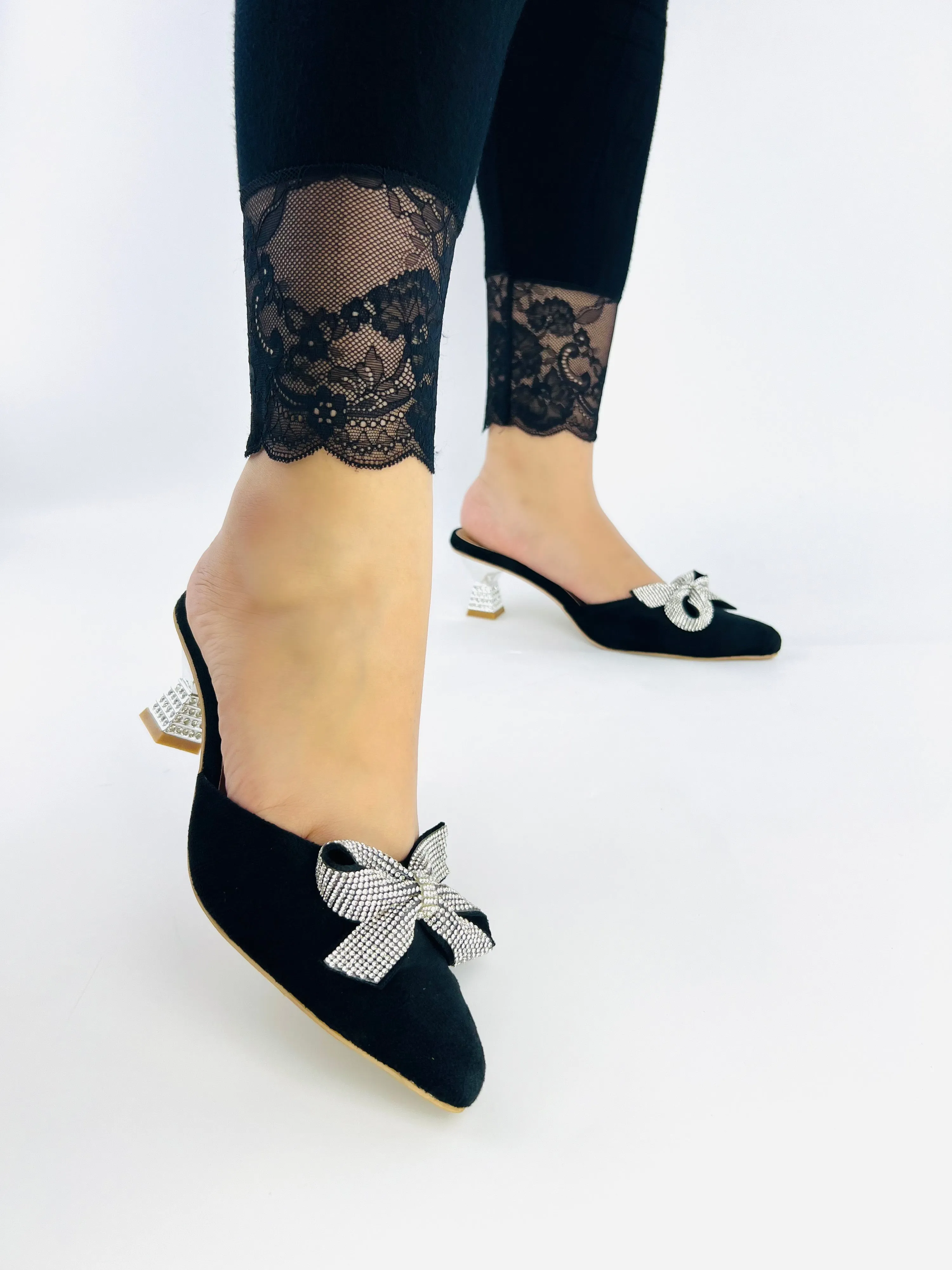 Spunkz Pointed Toe Black Velvet Mules with Rhinestone Kitten Heels