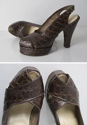  Vintage 40's Exotic Skin Alligator Platform Slingback Heels Shoe WWII  7.5