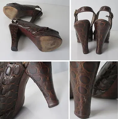  Vintage 40's Exotic Skin Alligator Platform Slingback Heels Shoe WWII  7.5