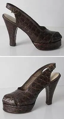  Vintage 40's Exotic Skin Alligator Platform Slingback Heels Shoe WWII  7.5