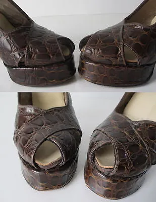  Vintage 40's Exotic Skin Alligator Platform Slingback Heels Shoe WWII  7.5
