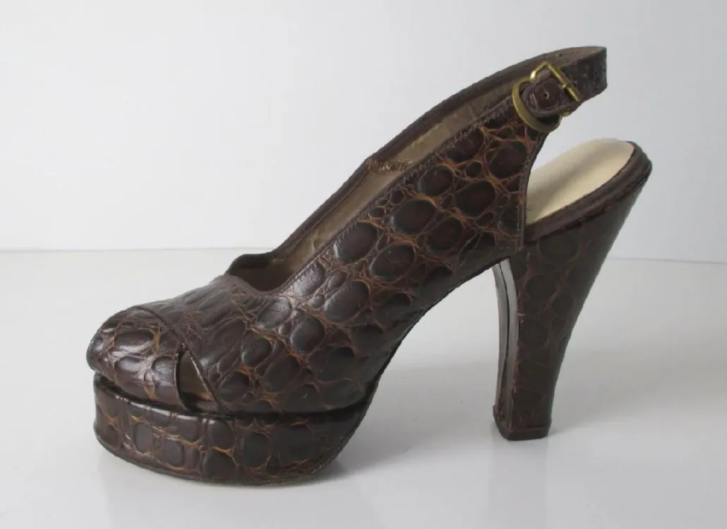  Vintage 40's Exotic Skin Alligator Platform Slingback Heels Shoe WWII  7.5