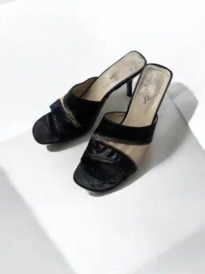Zipper Black Leather Heels